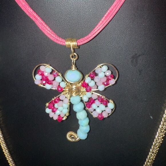 Set of 2 necklaces,Butterfly Colorful Stones on Cord & GoldTone Omega Chain. - Picture 2 of 5